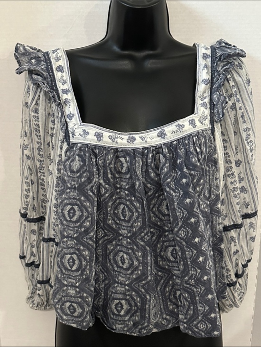 Free People Boho Square-Neck Peasant Top in Blue and White XS